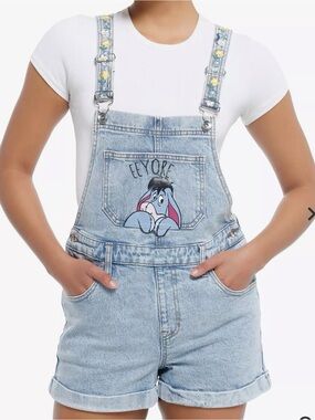 Disney Winnie The Pooh Eeyore denim shortfalls floral straps whimsical kawaii SM